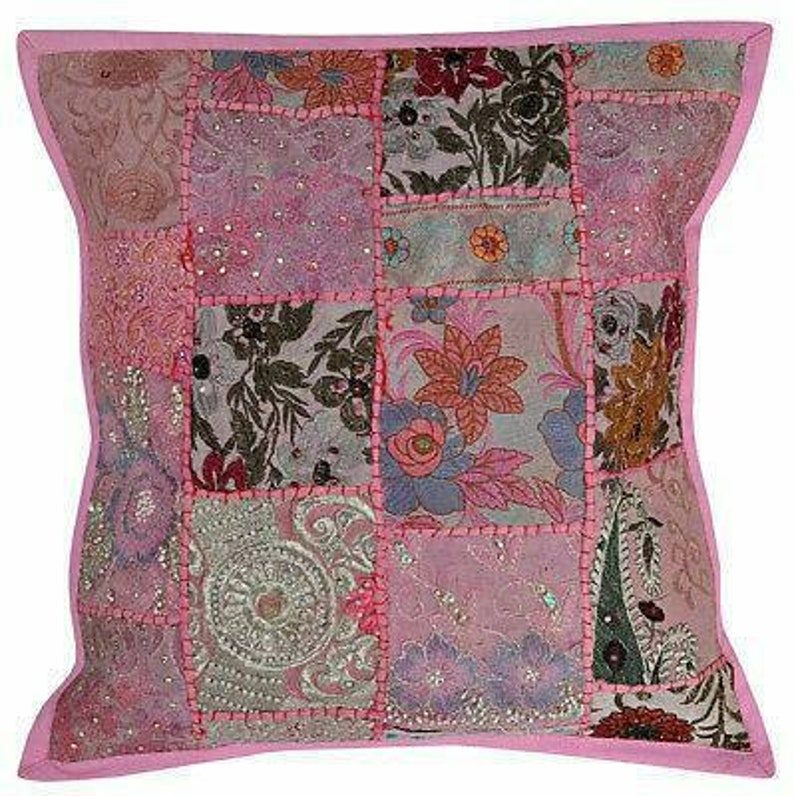 Indian Light fuschia Cushion Covers Pair Patchwork zari Embroidered Square Pillow Cases 18 X 18 inches