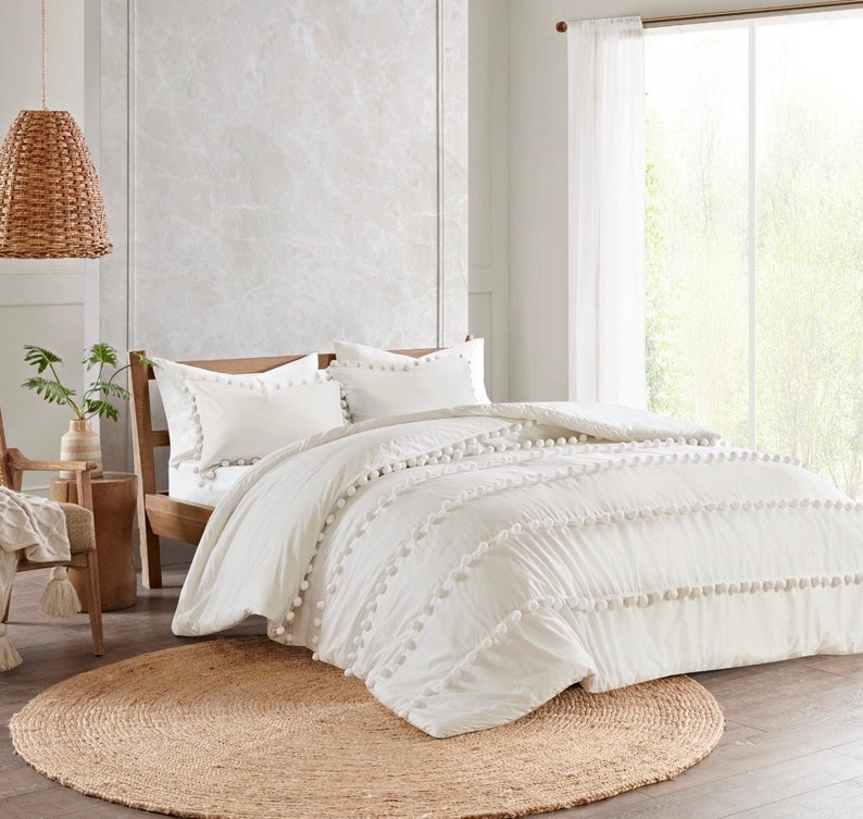 3 Pcs Set Hippie Bohemian White Pom Pom Duvet Cover Bedding Etsy
