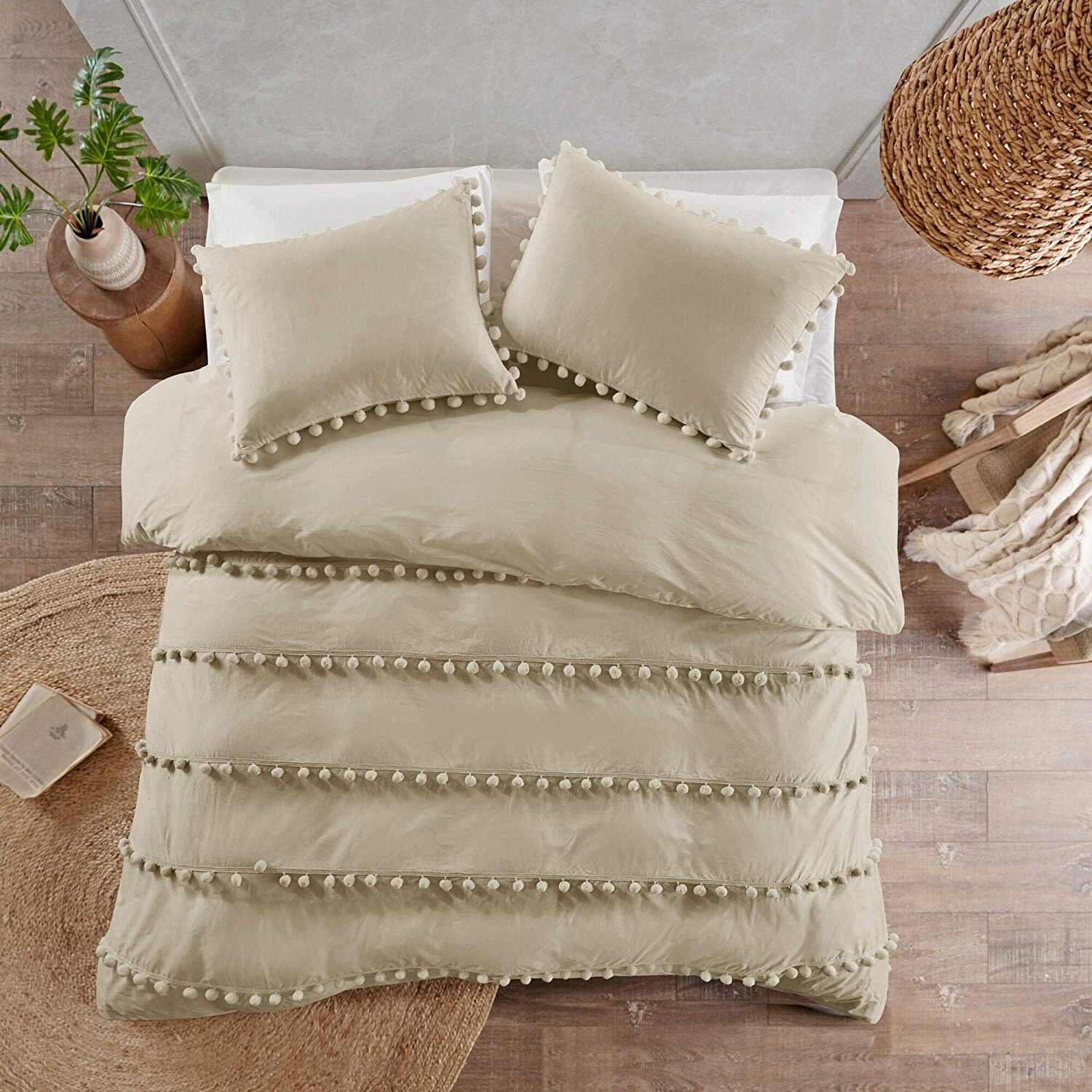 3 Pcs Set Hippie Bohemian White Pom Pom Duvet Cover Bedding Etsy