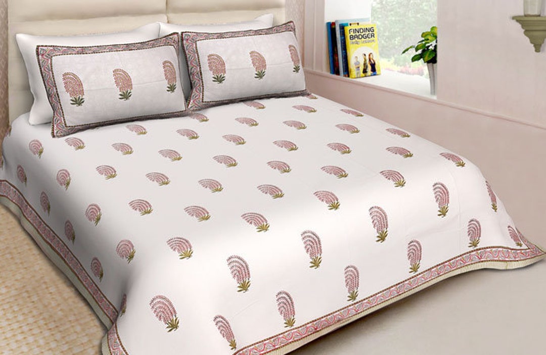 Indian Bed Sheet Pillow Set 100 Cotton Bedding Hand Block Bedspread