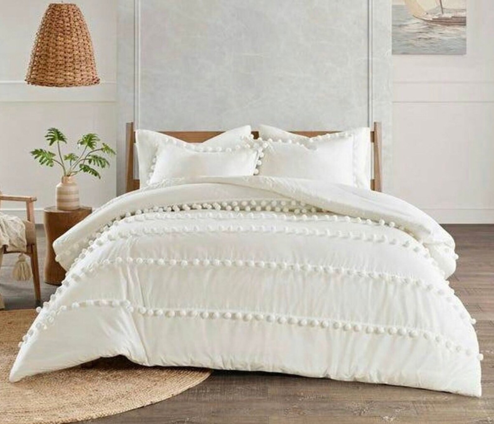 3 Pcs Set Hippie Bohemian White Pom Pom Duvet Cover Bedding Etsy