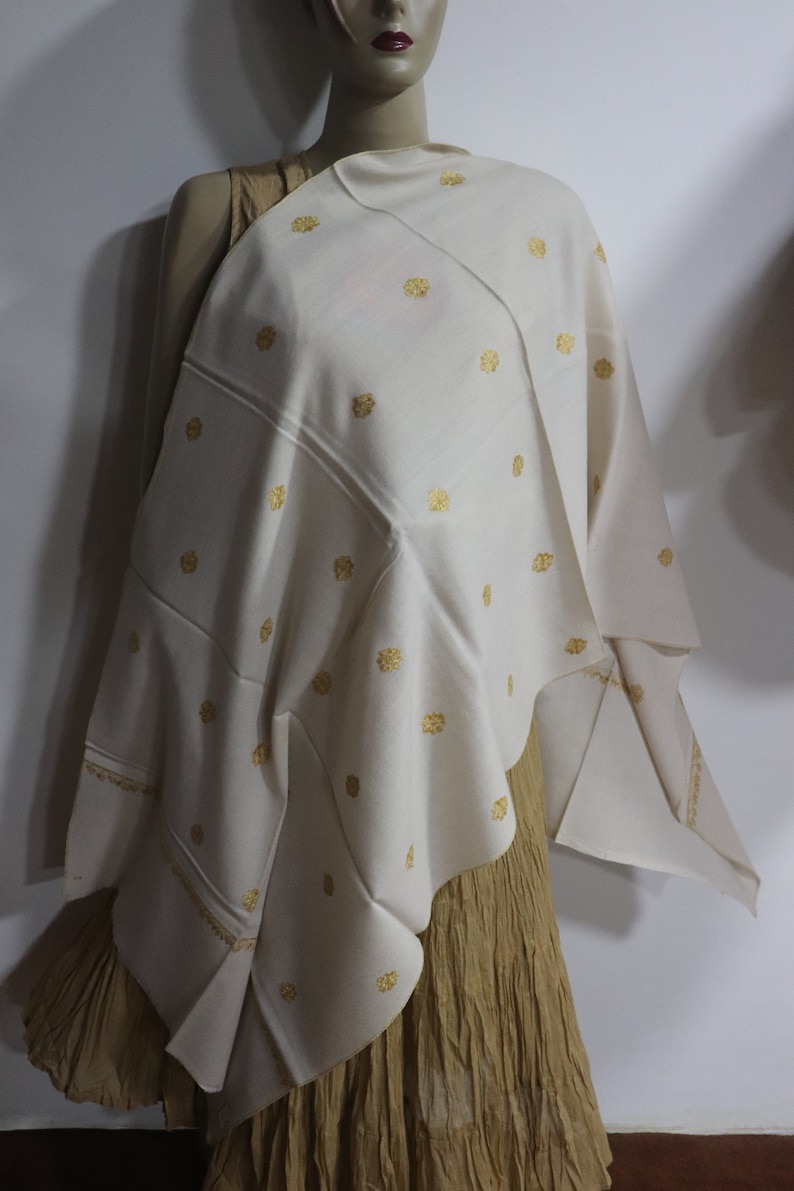 New Trendy ivory and golden Floral Embroidery Pashmina shawl wrap shawl pin size 28 X 80 inches