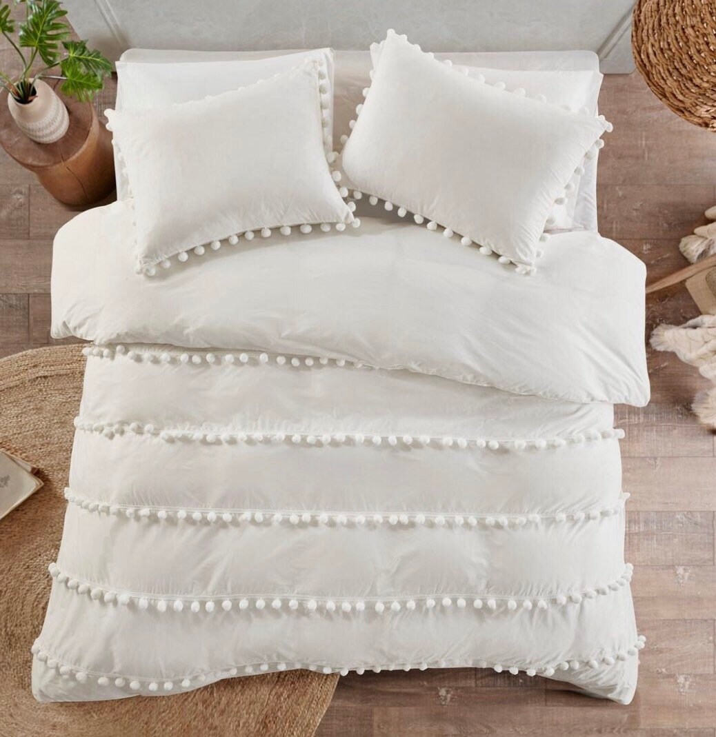 3 Pcs Set Hippie Bohemian White Pom Pom Duvet Cover Bedding Etsy UK