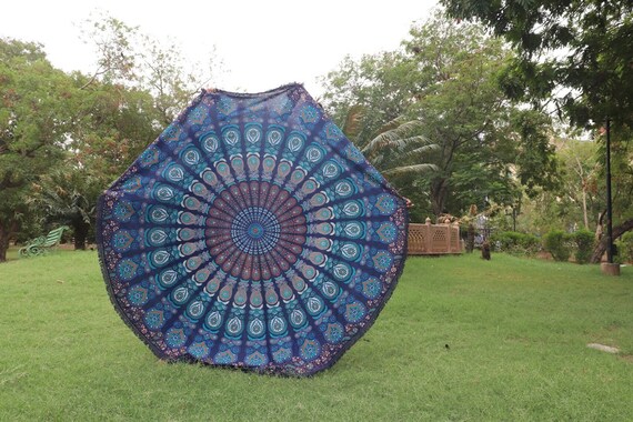 Round Yoga Mat with frill Beach Round. Indian Peacock Mandala Round with frill Beach Throw Cotton Beach Towel