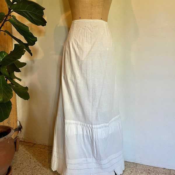 Elegant Edwardian antique fine white cotton underskirt with embroidered decorative hem and multiple mini pintucking details