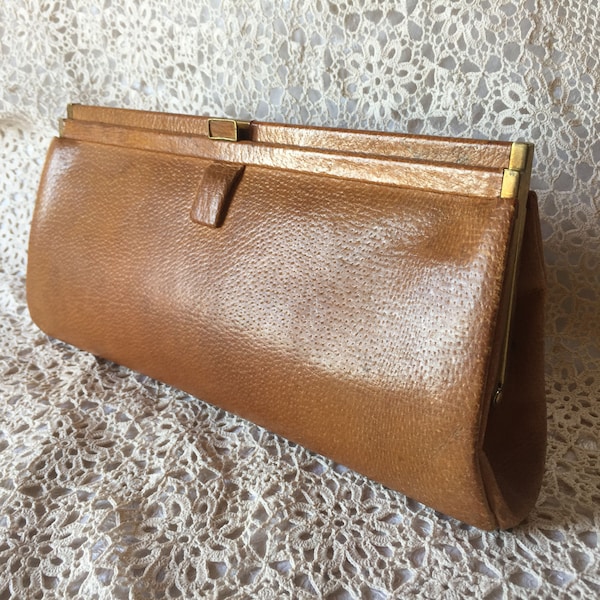 Chis 1950s rich camel leather clutch bag purse with suede lining