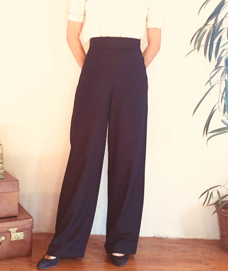 Chic 1940s style navy high waisted ladies wide leg trousers