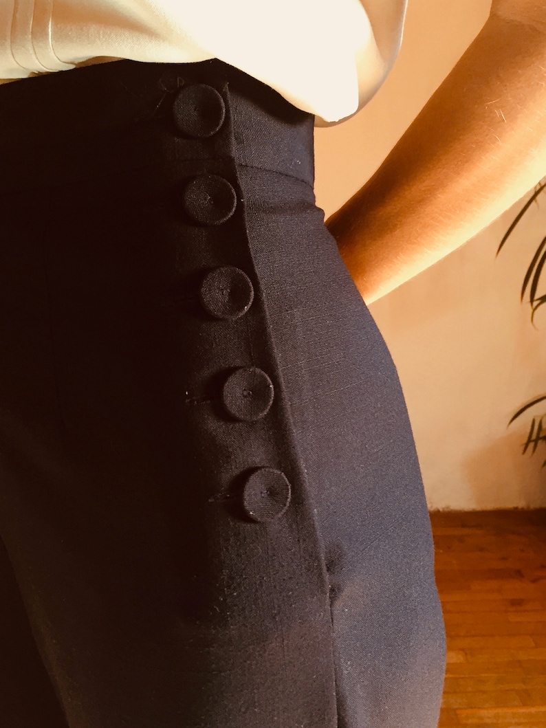 Chic 1940s style navy high waisted ladies wide leg trousers