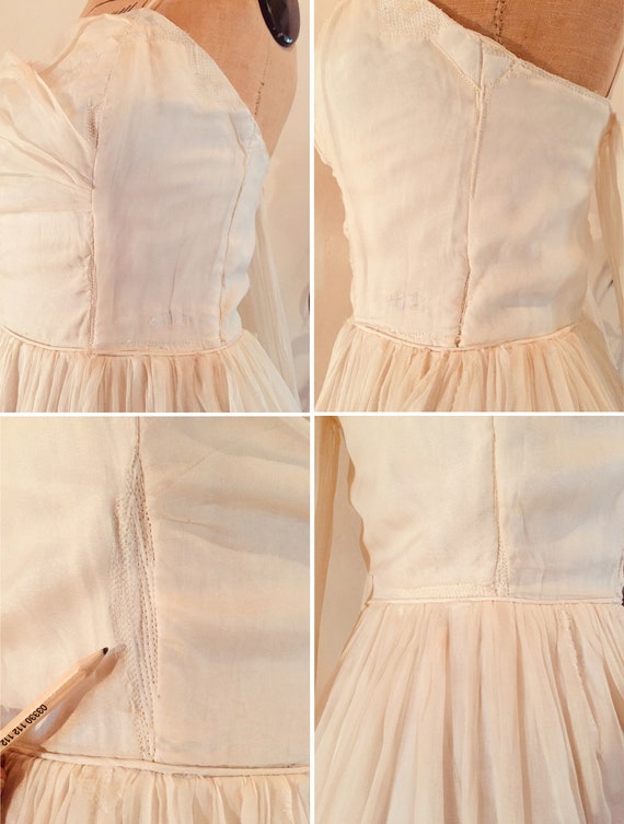 Beautiful ivory ruched silk chiffon 1950s cocktai… - image 9