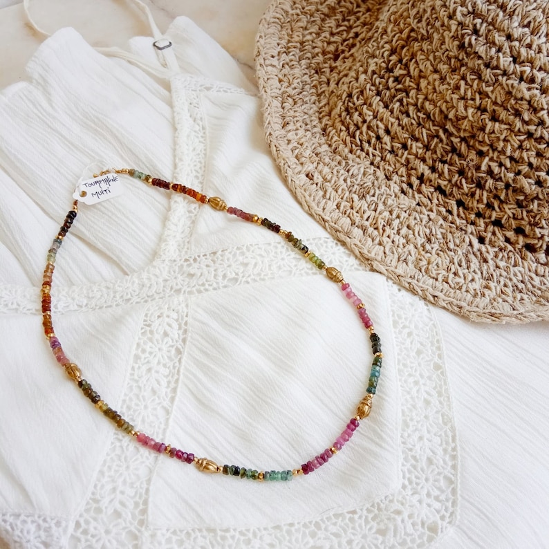 multi color Tourmaline BOHO short beaded necklace