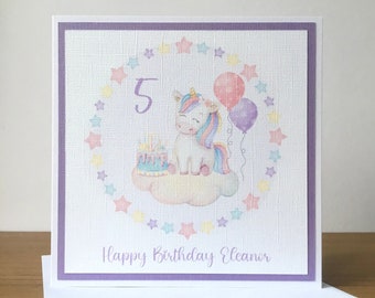 Rainbow Unicorn Birthday Card, Cute Unicorn Daughter Card, Personalised Girls Unicorn Birthday Card for Grand Daughter. 5th Birthday Card