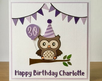 Owl with a party hat birthday card, Handmade owl birthday card for girlfriend, Purple birthday card for her, 30th birthday card with balloon