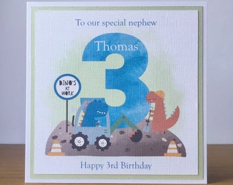 Digger and dinosaur birthday card for son, Dinosaur 3rd birthday card for nephew, Special grandson digger birthday card, Little brother card