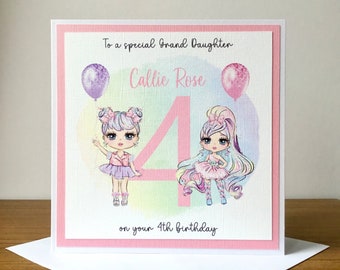 Grand Daughter 4th Birthday Card, Special Daughter Birthday Card, Twin Girls Birthday Card, Girl holding balloon birthday card,