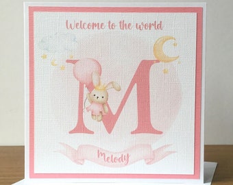 Cute bunny new baby card, Welcome to the world baby girl card, Born in 2024, Personalised congratulations on the birth of your daughter card