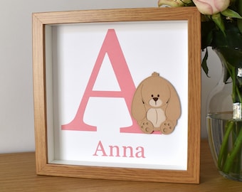 Teddy Bear New Baby Gift, Cute Bunny Baby Shower Gift, Framed Nursery Wall Art, Personalised Baby Room Decor, Children's Initial Name Frame