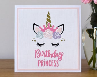 Girls Unicorn Birthday Card, Unicorn Face Birthday Card, Birthday Princess Card, Pink Flower Unicorn Card, Large Keepsake Birthday Card