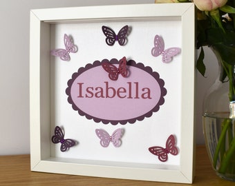 Personalised 3D purple butterfly framed wall art, New baby girl gift, Butterfly themed nursery decor, Girls room decor