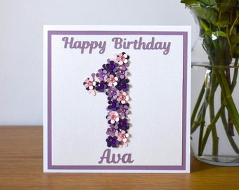 3d Floral 1st Birthday Card for Girls, Small Paper Flower Personalised Number One Card, Daughter’s First Birthday Card, Large Handmade Card