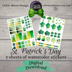 Könnte beinhalten: Zwei Blätter mit digitalen Aquarell-Stickern zum Thema St. Patrick's Day. Die Sticker enthalten Kleeblätter, Herzen, Goldtöpfe und andere grüne Designs.