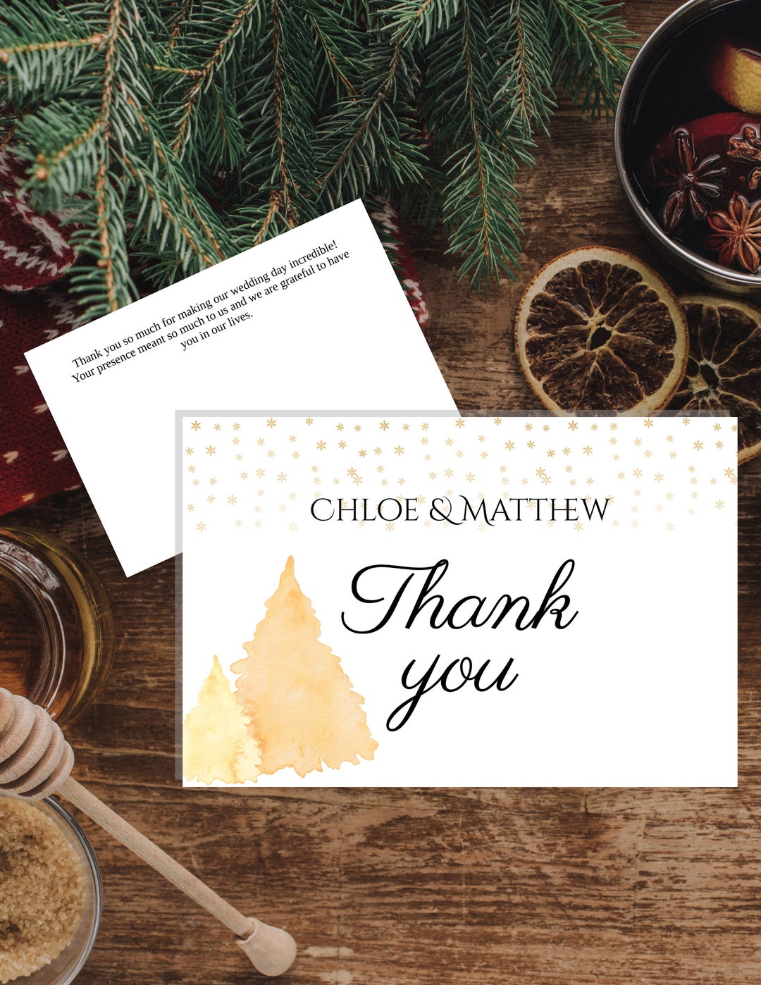 Golden Winter Wedding Thank You Card Template | Printable Wedding Save ...