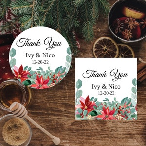 Customizable Poinsettia & Evergreen Wedding Thank You Sticker Template | Printable Wedding Stickers | Edit with Templett | Instant Download