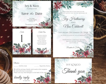 Evergreen Poinsettia 5 Piece Wedding Invitation Set Template | Printable Wedding Invitation | Edit with Templett | Instant Download