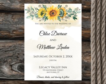 Sunflower Topper Wedding Invitation Template | Printable Wedding Invitation | Edit with Templett | Instant Download