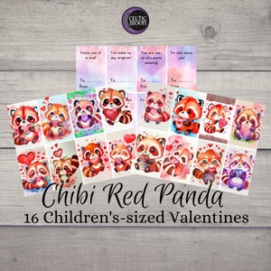 Cartes de Saint-Valentin imprimables pour enfants Chibi Red Panda - 16 images différentes