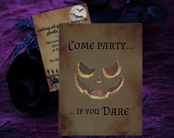 Könnte beinhalten: Eine Halloween-Partyeinladung mit einem gruseligen Kürbisgesicht und dem Text "COME PARTY... IF YOU DARE".
