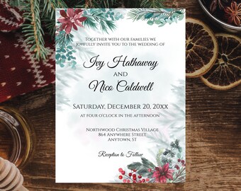 May include: A wedding invitation with the names Ivy Hathaway and Nico Caldwell, set for December 20, 20XX, at four o'clock in the afternoon. The invitation features watercolor floral and evergreen accents, with the text "Reception to Follow."