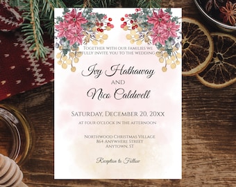 Poinsettia Corner Bouquets Wedding Invitation Template | Printable Wedding Invitation | Edit with Templett | Instant Download