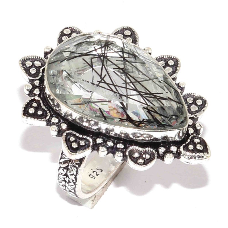Natural Black Rutile Quartz Handmade 925 silver Plated Ring Jewelry Size 8.5 US Jewelry J 5476