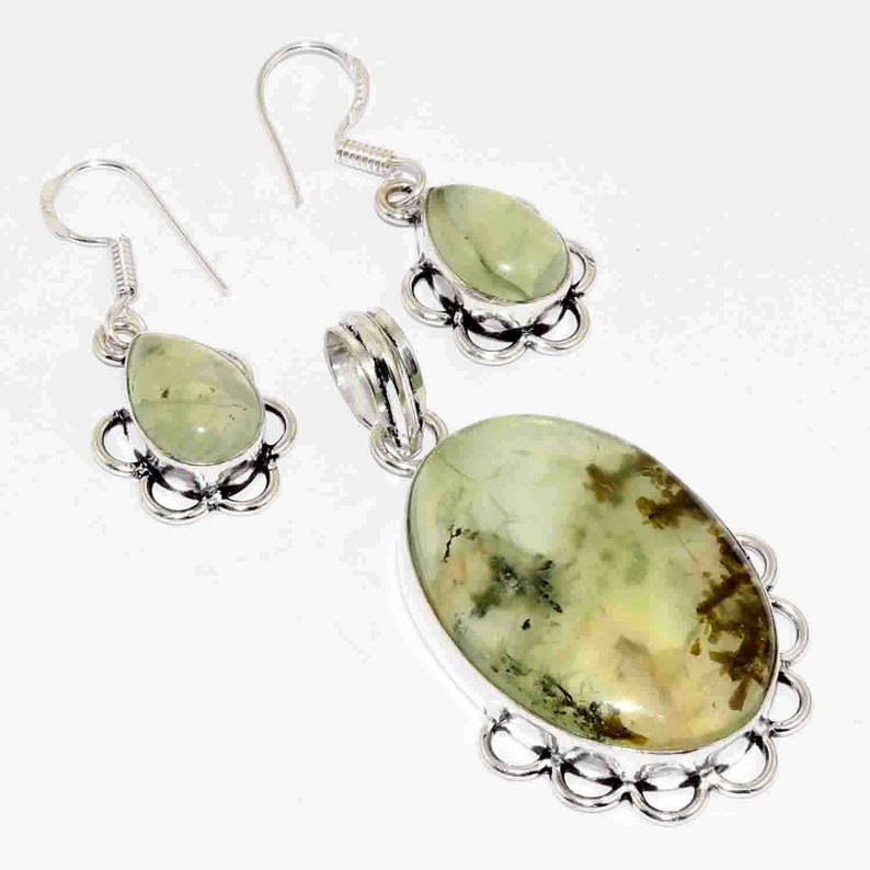 Natural Prehnite Handmade 925 silver Plated Pendant Earring set Jewelry I 5424