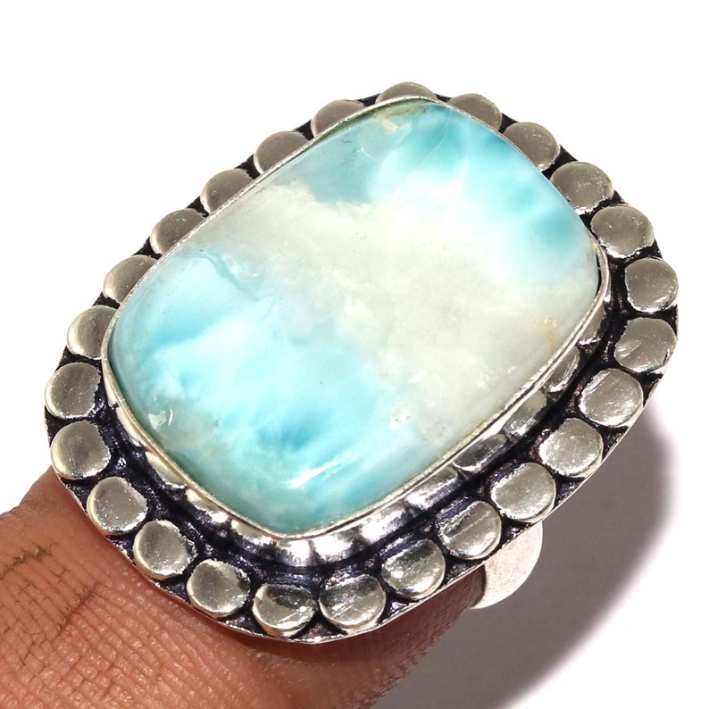 Boho Jewelry RG 637 Natural Rare Larimar Gemstone Vintage Style Setting Ethnic Gift Handmade Ring Size 7 US Jewelry Best Gift For Her