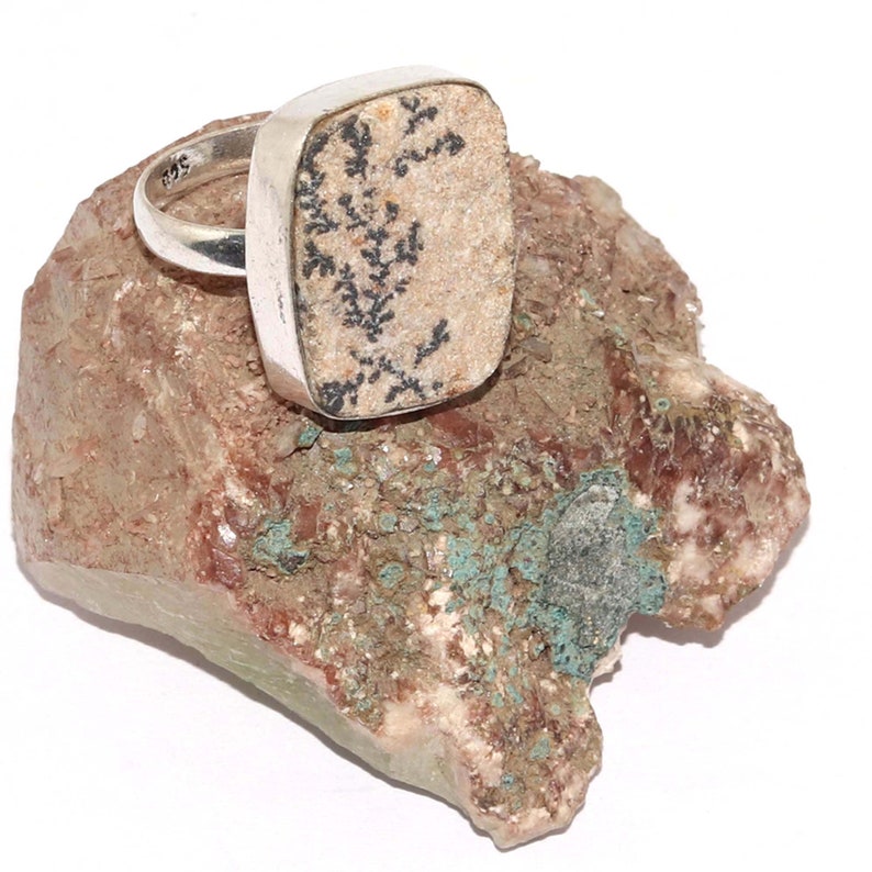 Natural Psilomelane Dendrite German Handmade 92.5 Sterling Silver plated Ring Size 8 US Jewelry N 7649