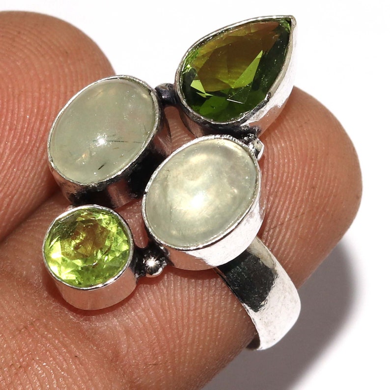 Natural Moss Prehnite Peridot Handmade 925 silver Plated Ring Jewelry Size 7.5 US Jewelry Z 11153