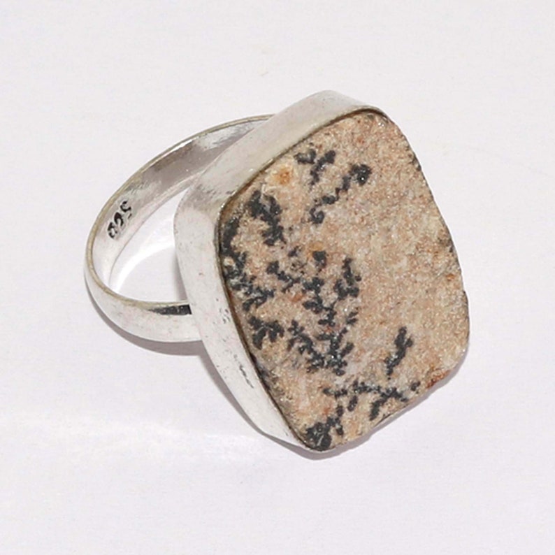 Natural Psilomelane Dendrite German Handmade 92.5 Sterling Silver plated Ring Size 8 US Jewelry N 7649