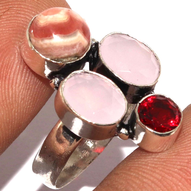 Natural Rhodochrosite Chalcedony Quartz Garnet Handmade 925 silver Plated Ring Jewelry Size 6.5 US Jewelry Z 11151