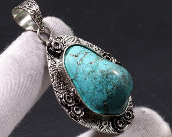 Turquoise Gemstone Jewelry 925 Sterling Silver Pendant Turquoise  Necklace Handmade Gift for mother, gift for her TT 842