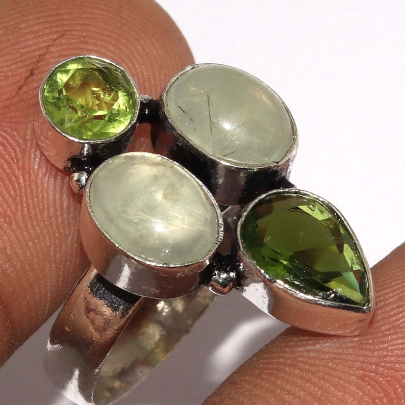 Natural Moss Prehnite Peridot Handmade 925 silver Plated Ring Jewelry Size 7.5 US Jewelry Z 11153