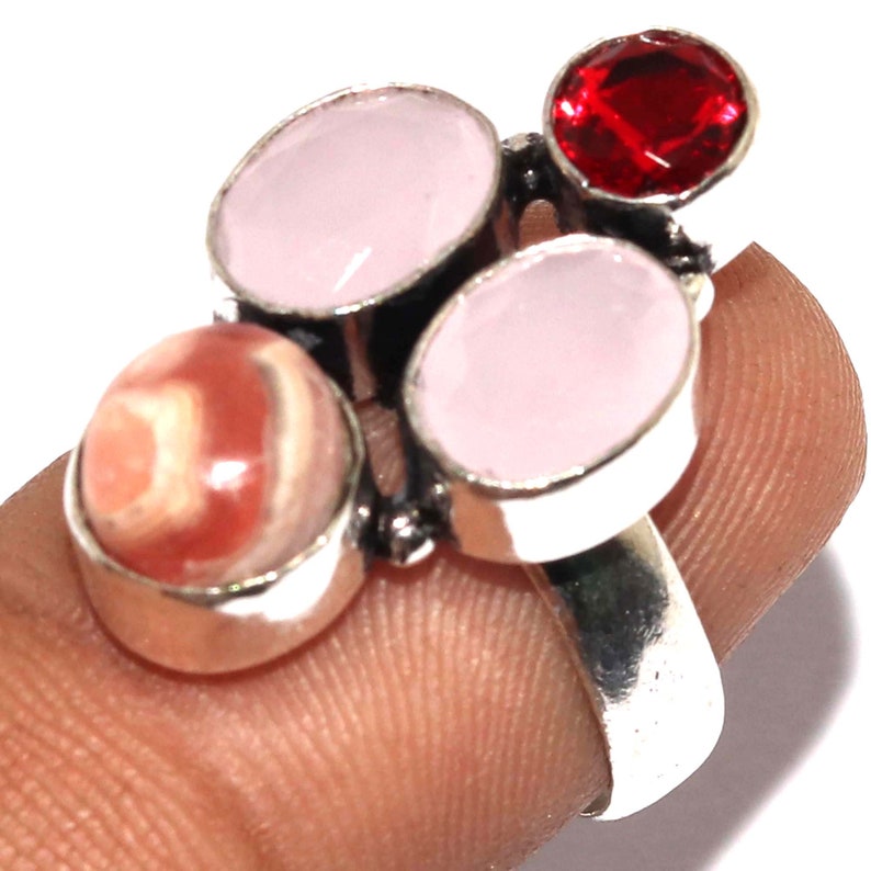 Natural Rhodochrosite Chalcedony Quartz Garnet Handmade 925 silver Plated Ring Jewelry Size 6.5 US Jewelry Z 11151