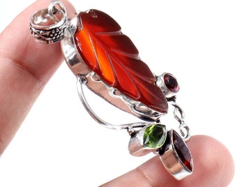 Carving Leaf ,Garnet, Peridot Gemstone Jewelry 925 Sterling Silver Carving Leaf ,Garnet, Peridot Pendant Handmade Gift for mother  TT 421