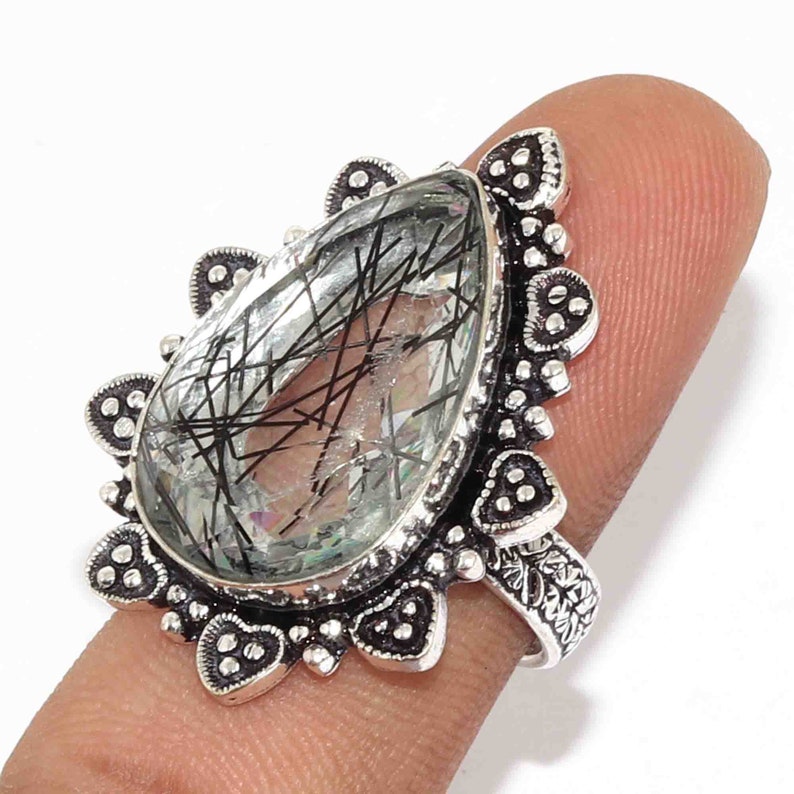 Natural Black Rutile Quartz Handmade 925 silver Plated Ring Jewelry Size 8.5 US Jewelry J 5476