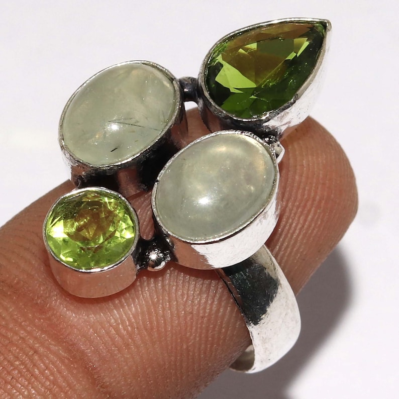 Natural Moss Prehnite Peridot Handmade 925 silver Plated Ring Jewelry Size 7.5 US Jewelry Z 11153
