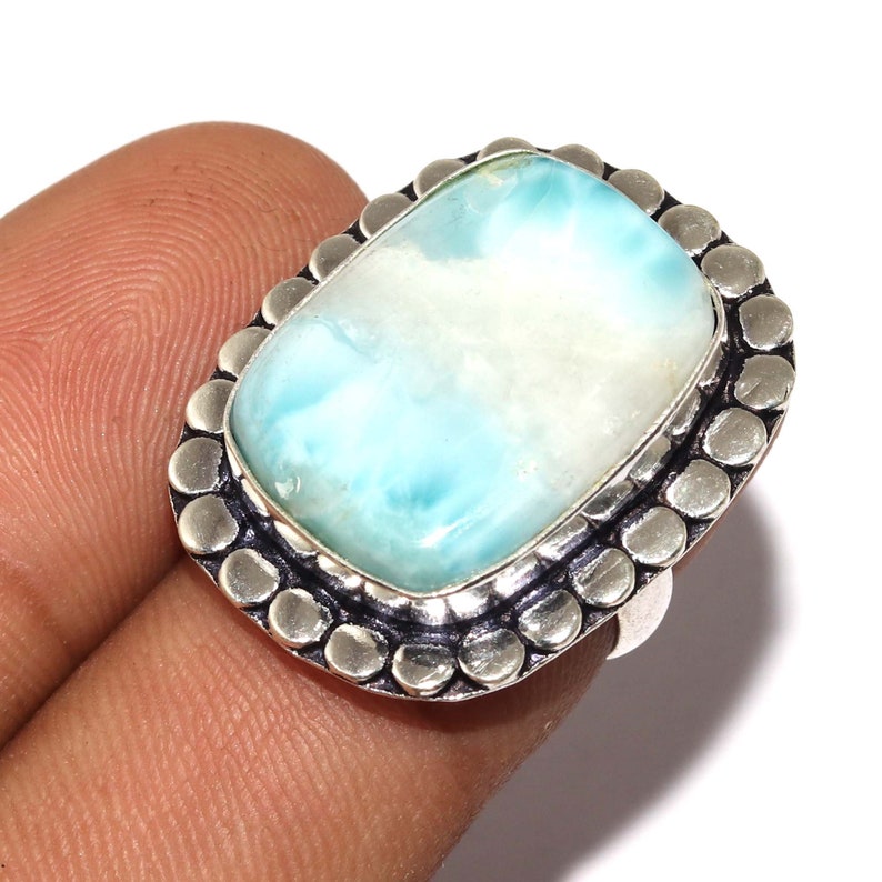 Boho Jewelry RG 637 Natural Rare Larimar Gemstone Vintage Style Setting Ethnic Gift Handmade Ring Size 7 US Jewelry Best Gift For Her
