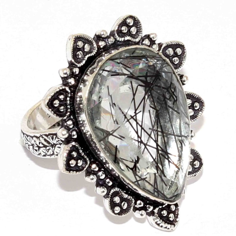 Natural Black Rutile Quartz Handmade 925 silver Plated Ring Jewelry Size 8.5 US Jewelry J 5476