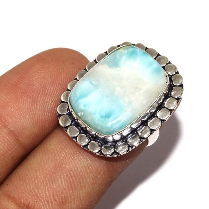 Boho Jewelry RG 637 Natural Rare Larimar Gemstone Vintage Style Setting Ethnic Gift Handmade Ring Size 7 US Jewelry Best Gift For Her