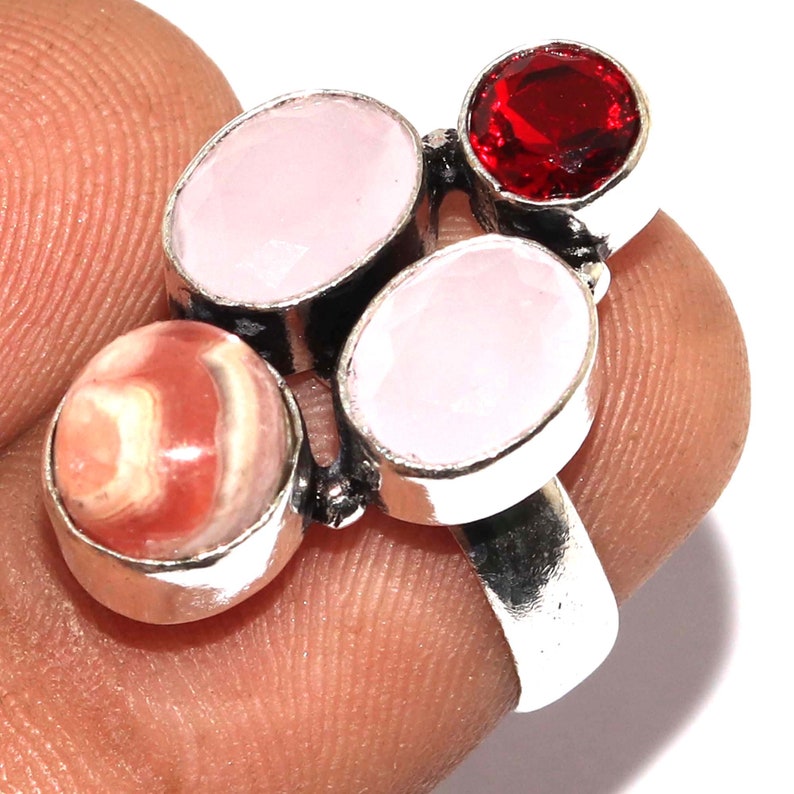 Natural Rhodochrosite Chalcedony Quartz Garnet Handmade 925 silver Plated Ring Jewelry Size 6.5 US Jewelry Z 11151