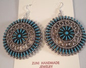 Native American Zuni Handmade Turquoise Needlepoint Cluster Sterling Silver French Hook Large Dangle Earrings